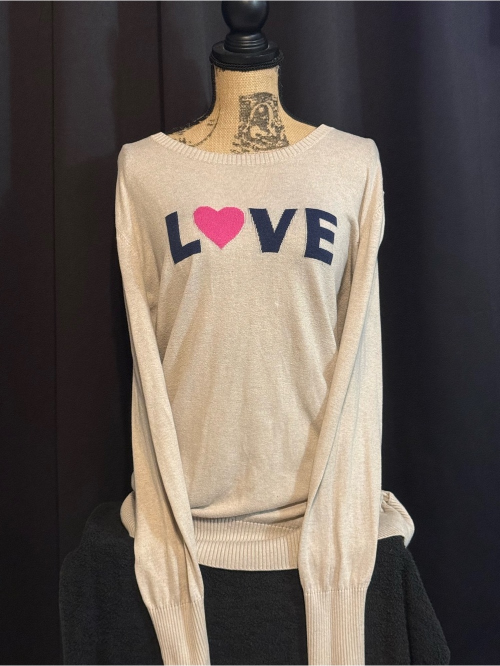 Old Navy Cream Sweater with Navy LOVE and Pink Heart